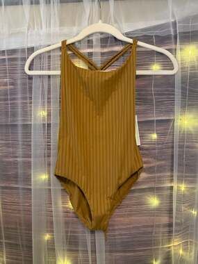 Unsubscribed Macrame Ribbed One Piece Swimsuit in Dark Tan